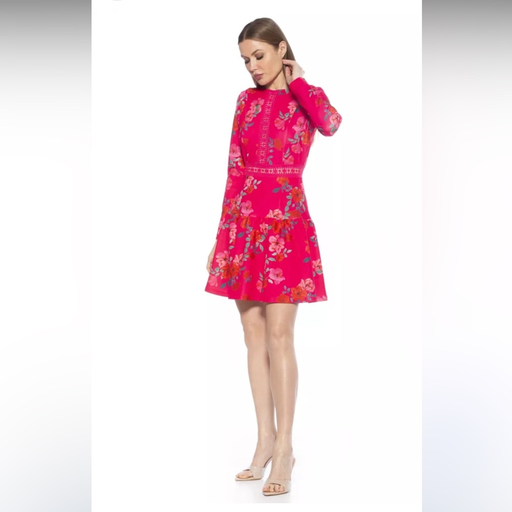 NWT Alexia Admor Alexa Long Sleeves Dress In Floral Pink Multi Size 14 Lace Trim